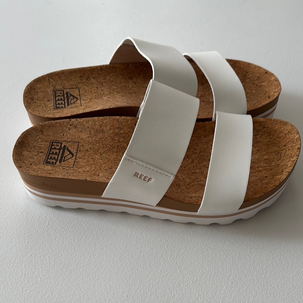 Reef White Cork Platform Slide Sandals